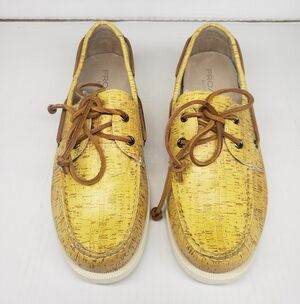 Froats Mens Cork Pattern Leather Boat Shoes Size 8 Yellow White Leather Laces